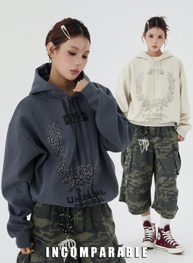 【iN】美式潮牌印花烫钻连帽卫衣男女重磅设计感宽松帽衫上衣情侣