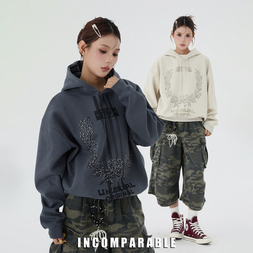 潮牌印花烫钻连帽卫衣情侣款