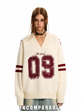 【iN】美式街头数字印花V领针织衫男女秋冬季复古宽松休闲毛衣女