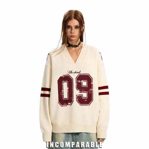 美式街头数字印花V领针织衫男女