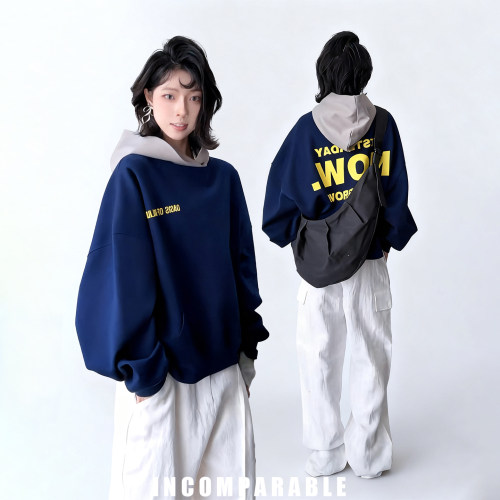 美式潮牌撞色拼接宽松连帽卫衣男