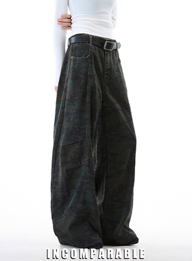 【iN】美式潮牌迷彩弯刀工装裤男女设计感拼接压褶宽松阔腿牛仔裤