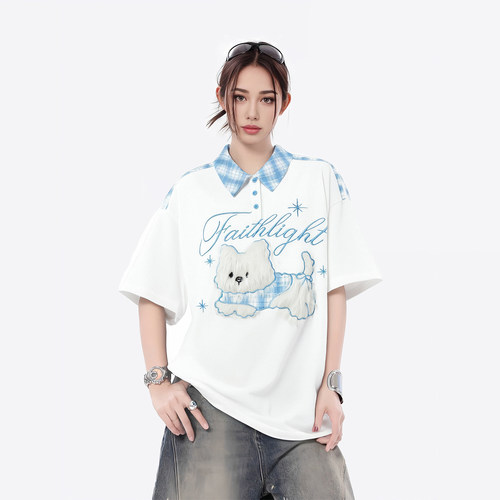 刺绣可爱毛绒小狗Polo衫短袖T恤