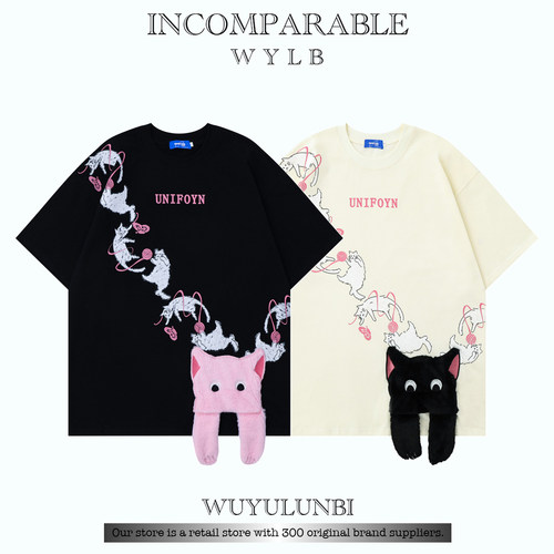 甜美猫咪挂件纯棉短袖体恤女