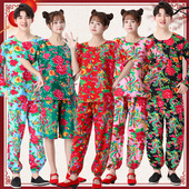 东北大花布衣服男女街舞短袖 潮嘻哈舞蹈二人转姐妹闺蜜搞笑表演服