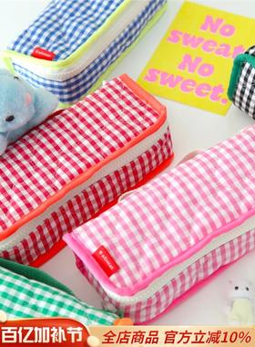 【韩国原装进口正品】Afrocat甜美格子棉布笔袋大容量文具收纳包