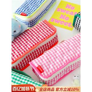 【韩国原装进口正品】Afrocat甜美格子棉布笔袋大容量文具收纳包