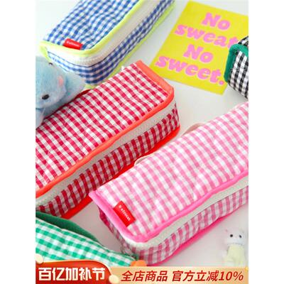 【韩国原装进口正品】Afrocat甜美格子棉布笔袋大容量文具收纳包