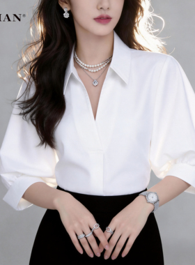 思线 免烫抗皱白色衬衫女士V领真丝短袖上衣2026夏薄新款轻奢高级