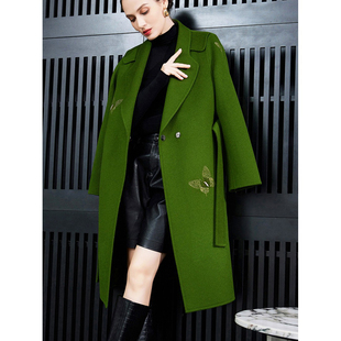 思线2024新款 镶钻绣花双面羊绒大衣中长绿色澳州羊毛呢外套高级感