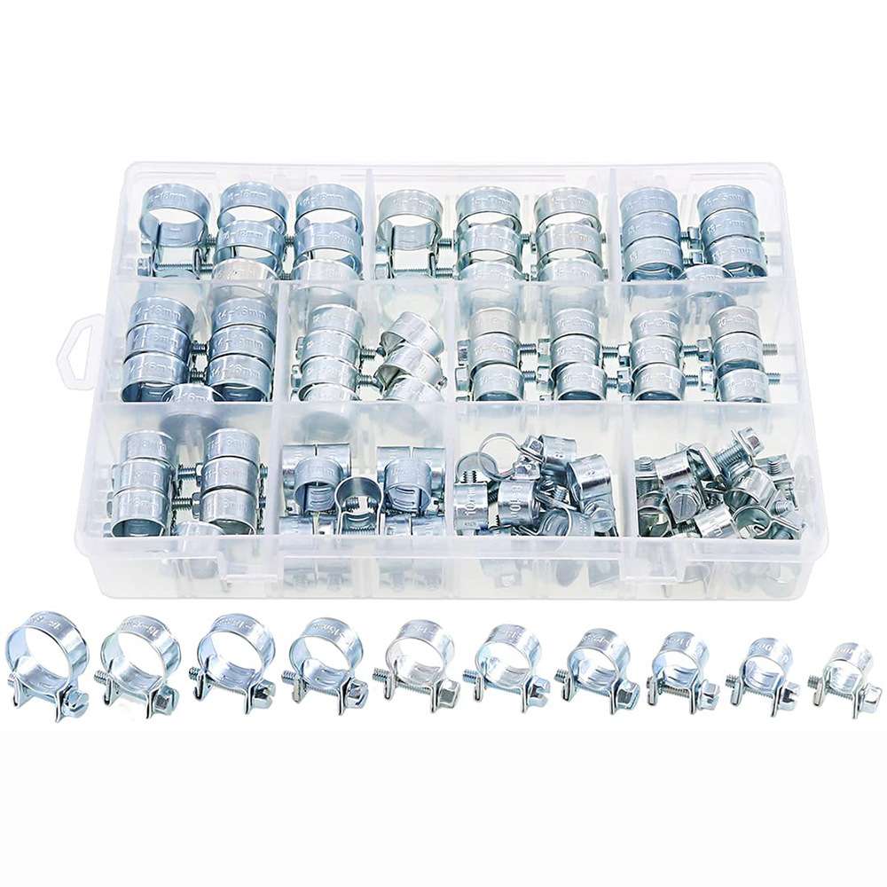 跨境  92PCS 盒装 镀锌双耳抱箍软管夹迷你喉箍金属紧固件套装