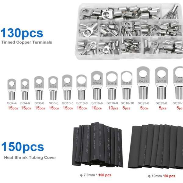 跨境280pcs窥口铜管端子SC接线端子130PCS+150PCS铜鼻子热缩管