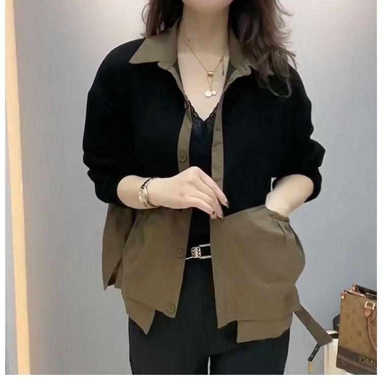 中老年妈妈假两件女装洋气减龄拼接春秋季新款大码女士短外套开衫