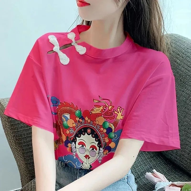 夏季设计感宽松新款中国风印花t恤短袖女民族风盘扣体恤衫上衣女
