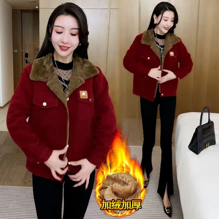 中年妈妈加绒加厚短款外套女秋冬翻领洋气保暖百搭棉衣小个子夹克