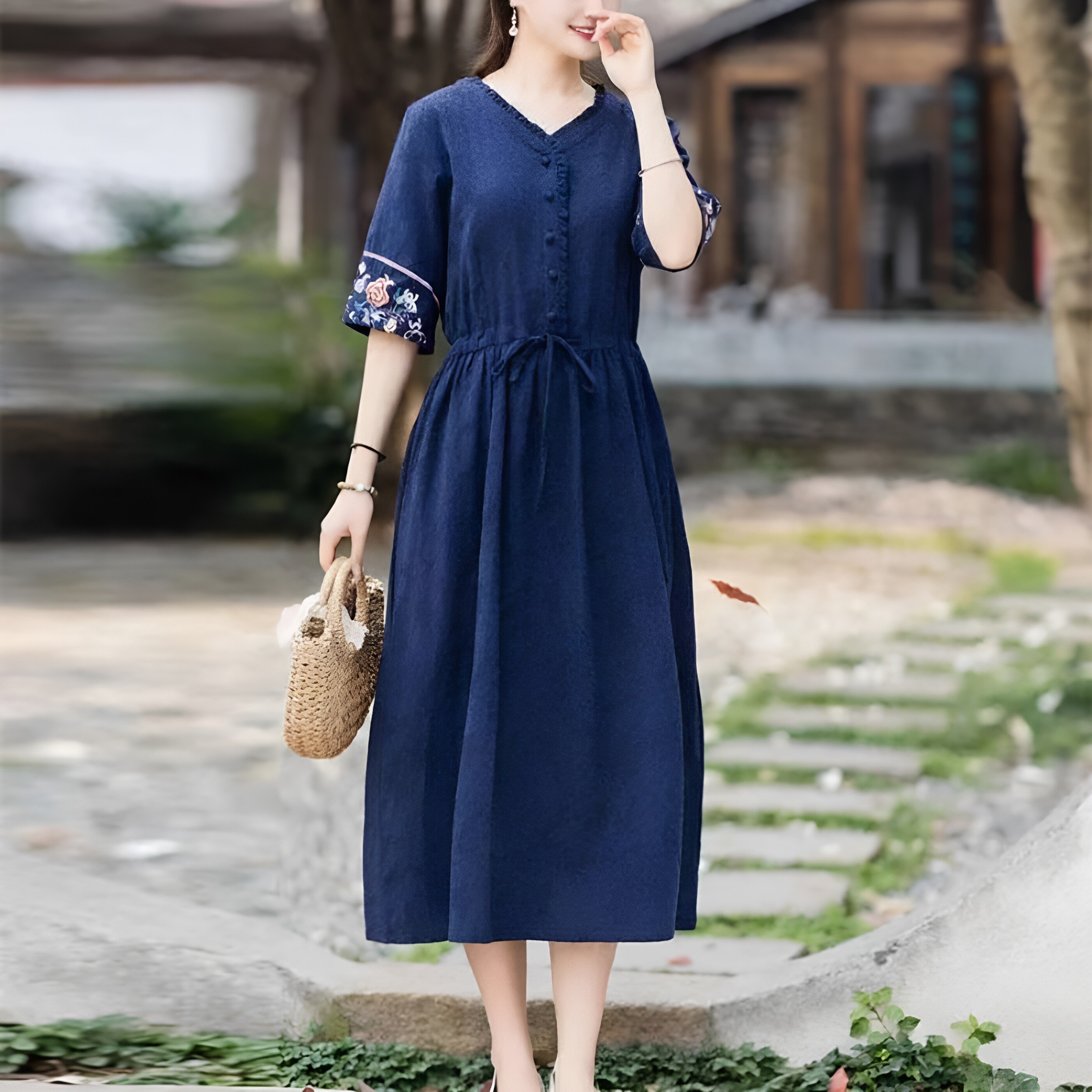 中国风提花刺绣棉麻短袖连衣裙女夏季宽松显瘦系带收腰中长款裙子