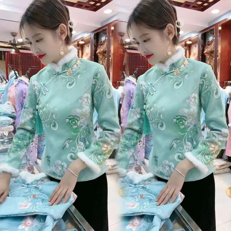 新款民族风加绒加厚改良旗袍上衣女冬季复古盘扣唐装保暖长袖外套