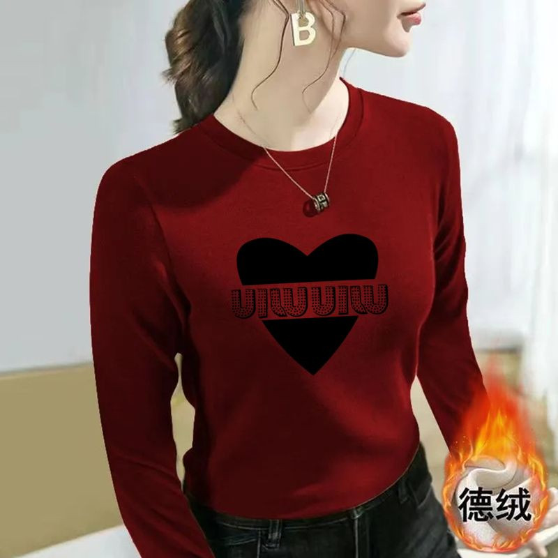 秋冬季新款德绒保暖打底衫女长袖T恤圆领修身显瘦体恤衫百搭上衣
