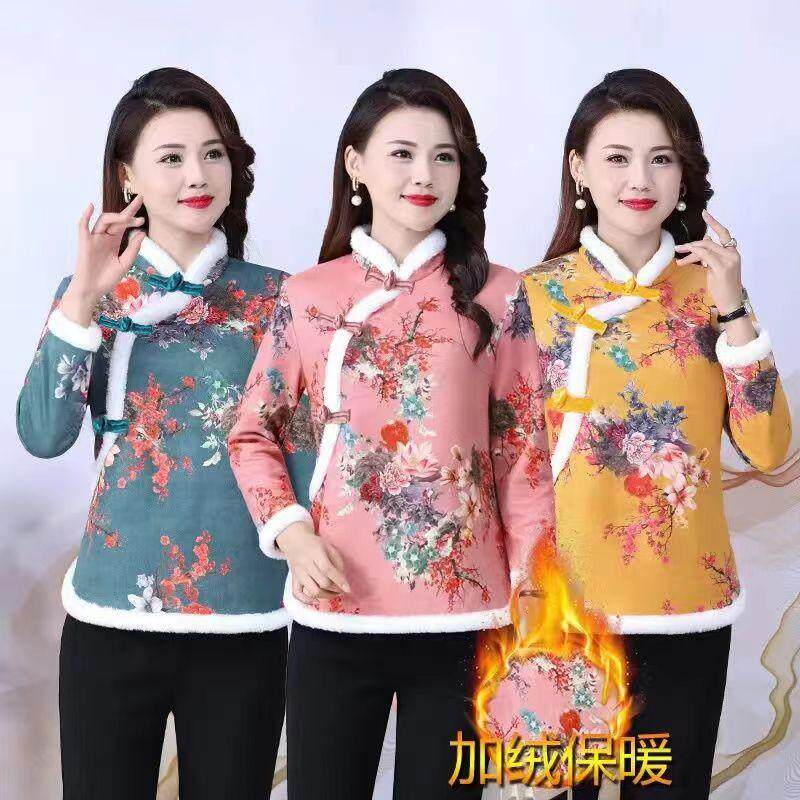 新款秋冬加绒加厚外套女中年妈妈东北大花民族中国风棉衣棉服上衣