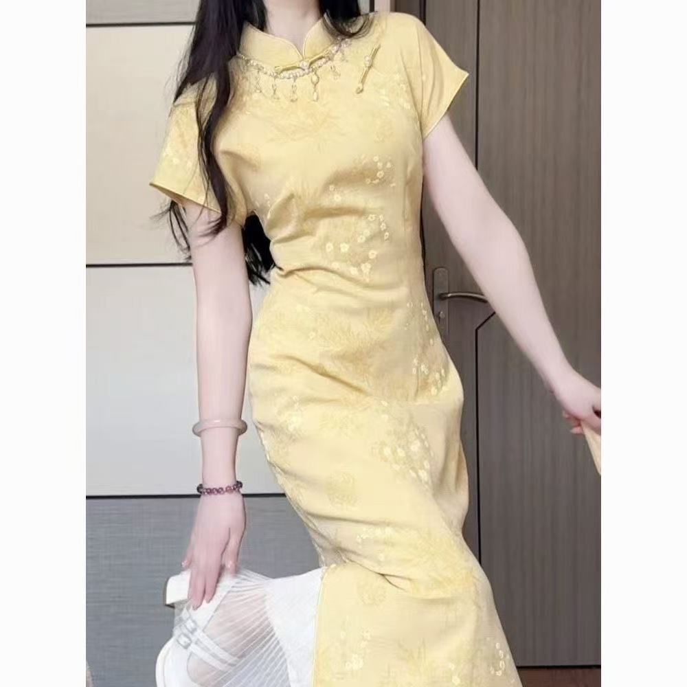 新款长款黄色旗袍女夏新中式显白小清新修身显瘦收腰文艺风连衣裙