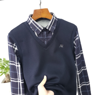 加绒加厚 领假两件针织衫 冬季 商务休闲衬衫 毛衣 男士 莫代尔面料