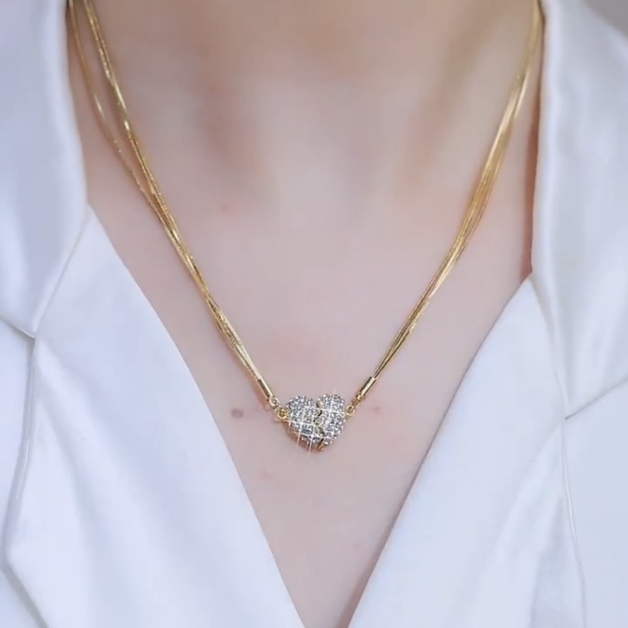 磁吸镶钻爱心多层项链女