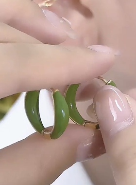 复古满钻绿色小提篮耳扣耳环女富贵绿耳圈网红百搭耳饰2023新款