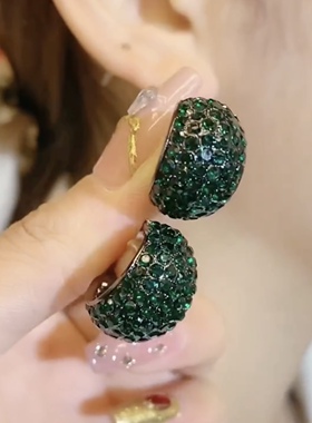 复古满钻绿色小提篮耳扣耳环女枪黑绿豆闪亮网红百搭耳饰2023新款