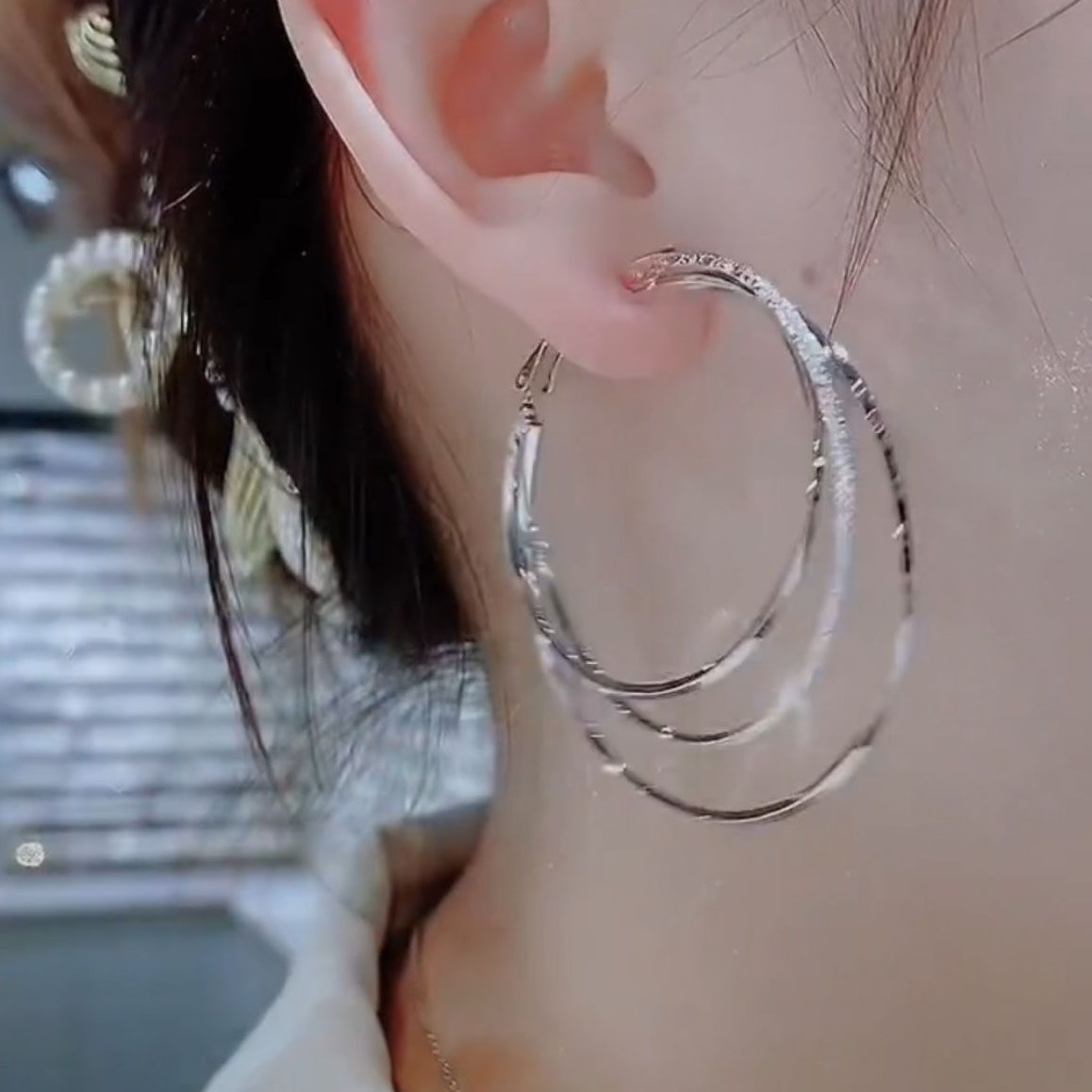 耳圈几何三层圆圈防过敏银针女性