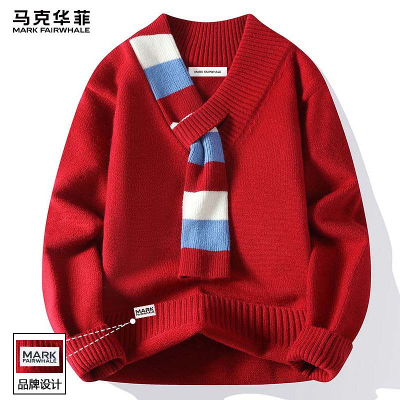 马克华菲V领围巾设计毛衣男款2025新款冬季大红男士针织衫上衣服,男装,针织衫/毛衣,淘宝优惠券,粉丝福利购,淘宝优惠卷
