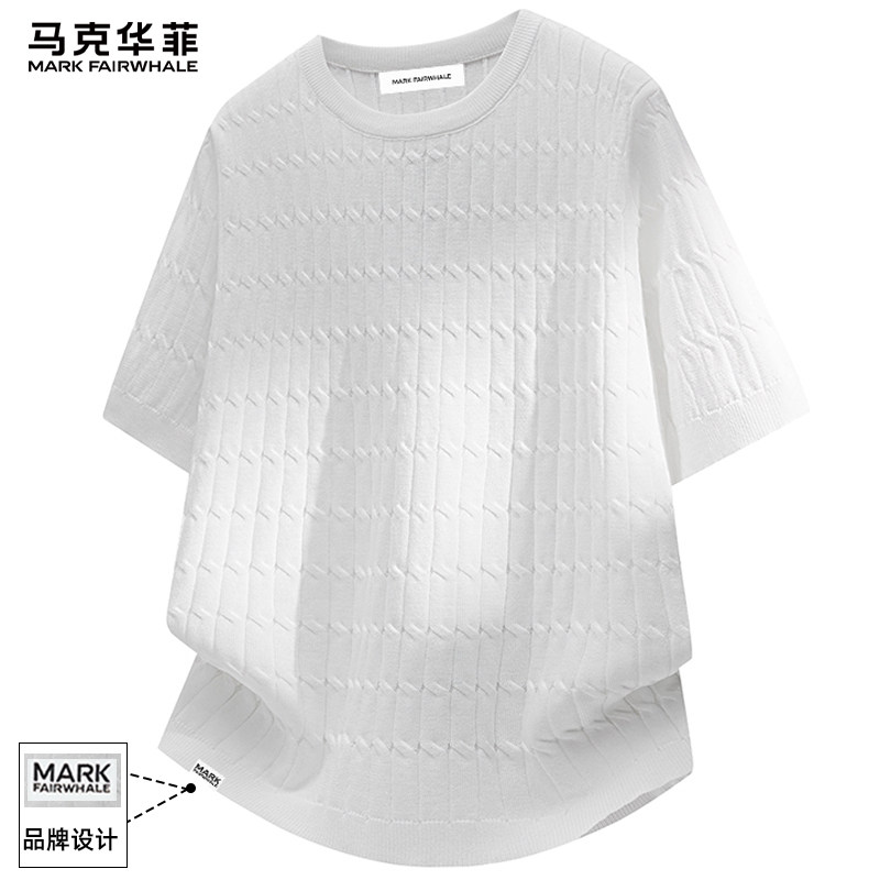 马克华菲白色麻花纹针织短袖t恤男2026新款圆领套头休闲上衣半袖