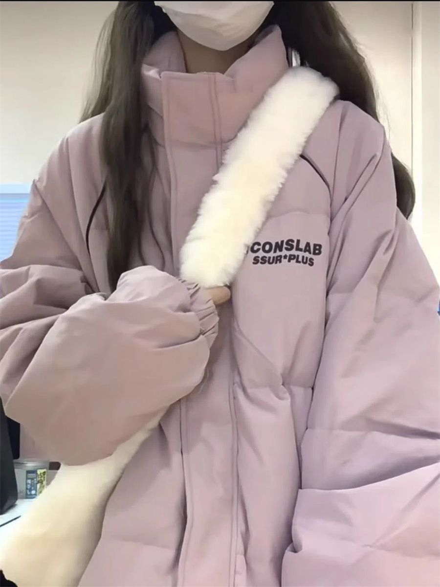 小个子立领棉服女字母印花棉衣