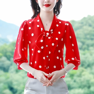 高端波点衬衫妈妈夏季装女新款七分袖雪纺小衫桑蚕丝中袖衬衣上衣