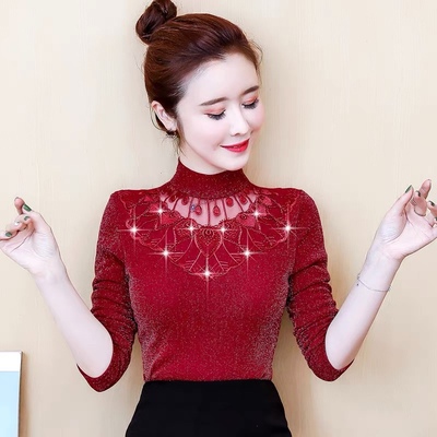 中年长袖加绒网纱打底衫半高领