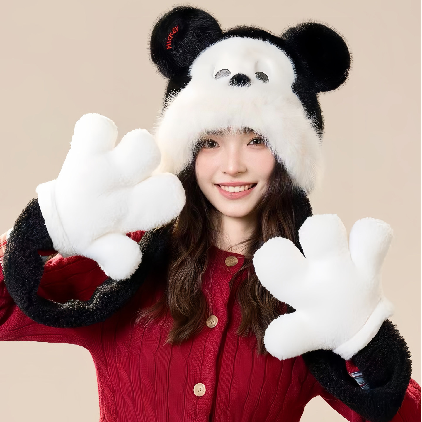 迪士尼米奇冬季加毛绒帽子手套