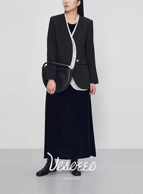 Vesezze拼接假二件女绅士西装外套蝉翼桑蚕丝醋酸西服高级感黑色