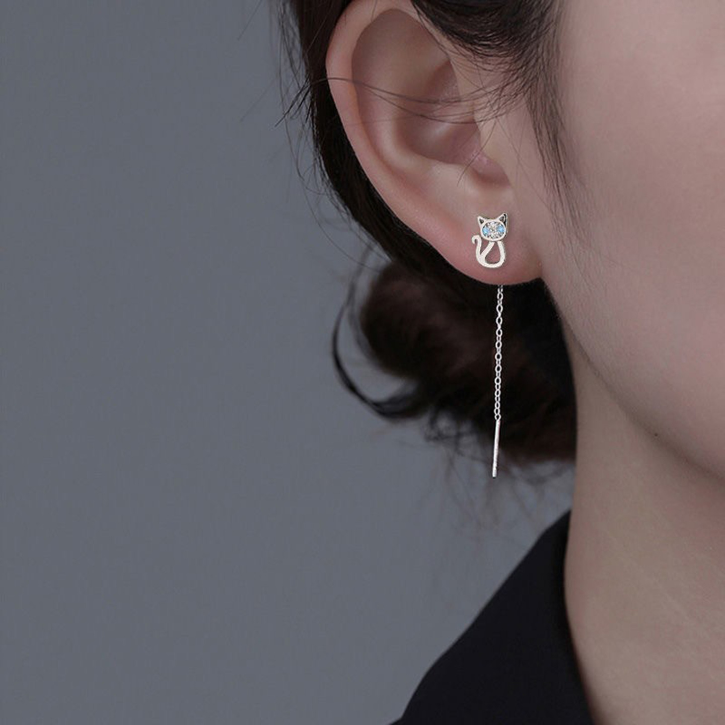 s925銀藍眼睛貓咪耳線女
