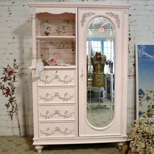 复古做旧卧室雕花储物抽屉柜家用玻璃单门收纳衣橱 实木衣柜法式