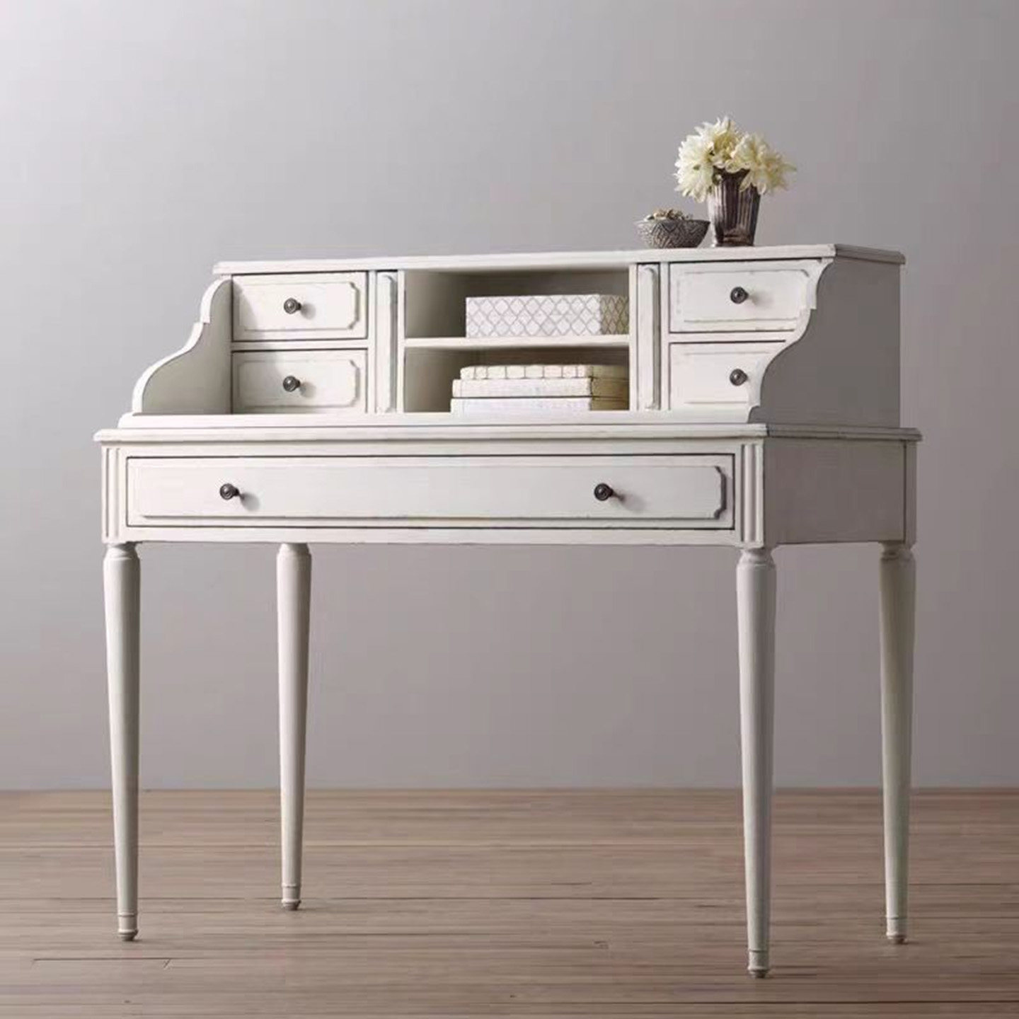 书桌美式乡村全实木书架书柜一体靠墙卧室学习桌法式仿古写字台