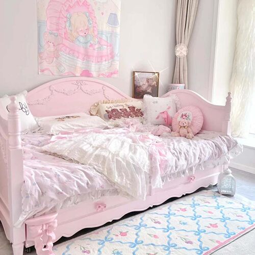 公主床美式实木雕花蝴蝶结儿童滕艺床少女梦幻粉色女孩卧室沙发床