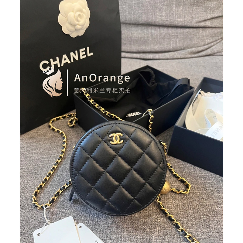 Chanel香奈儿女包黑色羊皮链条包金球圆饼单肩斜挎包
