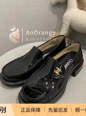 Chanel香奈儿限量女鞋22K黑色漆皮水钻双C粗跟皮鞋乐福鞋