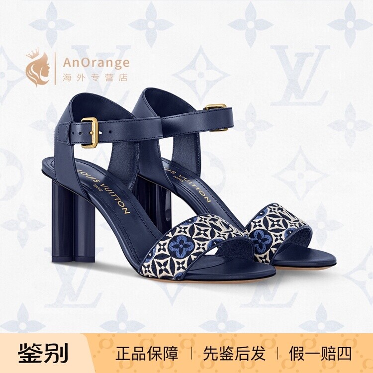路易威登LV女鞋2026款提花刺绣小牛皮搭扣高跟凉鞋粗跟单鞋1AHNRP