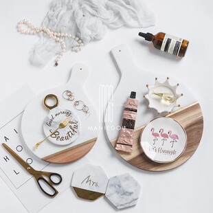 创意天然大理石木头拼接托盘菜板寿司餐盘甜品点心盘桌垫摆件菜板