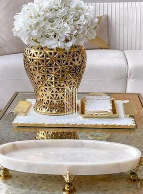 镀金漆边天然大理石艺术家居餐桌软装摆件装饰品工艺品收纳盒杯垫