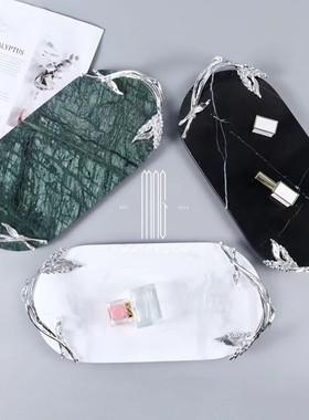 现代软装天然大理石简约家居餐桌厅托盘椭圆形装饰盘样板间工艺品