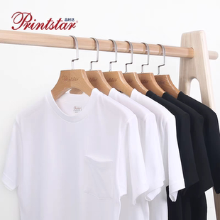 Printstar品时达[口袋t]全棉圆领T恤DIY定制男女情侣款工作服印字