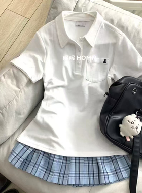 学院风原创正版polo衫JK制服甜美校供日系收腰刺绣短袖t恤上衣夏