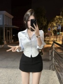 性感蓝色衬衣设计感别致辣妹短款 女棉质修身 上衣 衬衫 纯欲收腰长袖