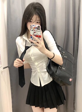 jk套装辣妹收腰长袖衬衫女纯欲修身显瘦学院风气质白衬衣夏季新款